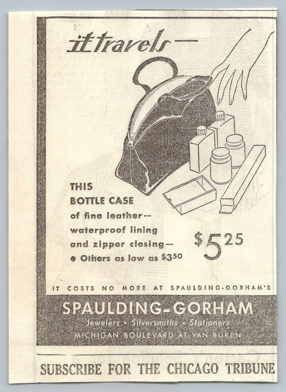 1930s Chicago Tribune Ad Spaulding Gorham Leather Travel Bottle Case Ephemera